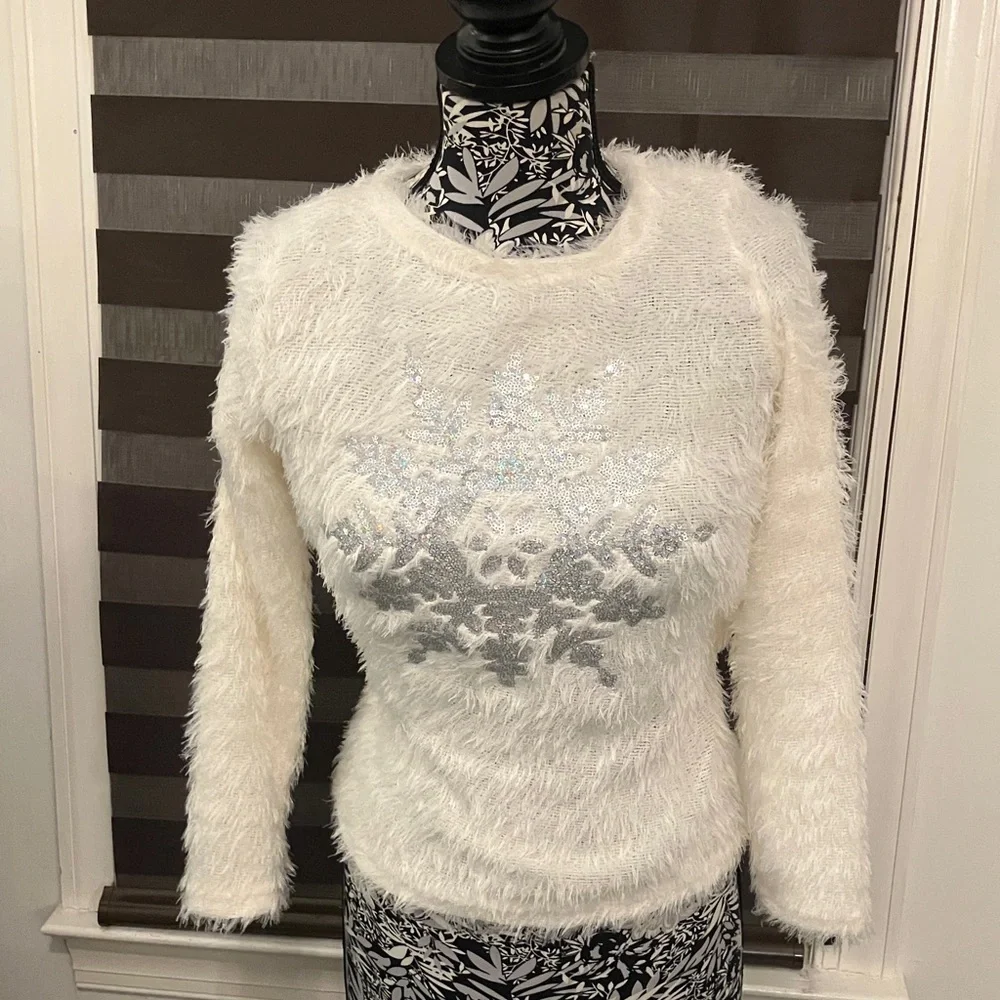 Poof! White Fuzzy Sweater with Silver Snowflake - Picture 2 of 7